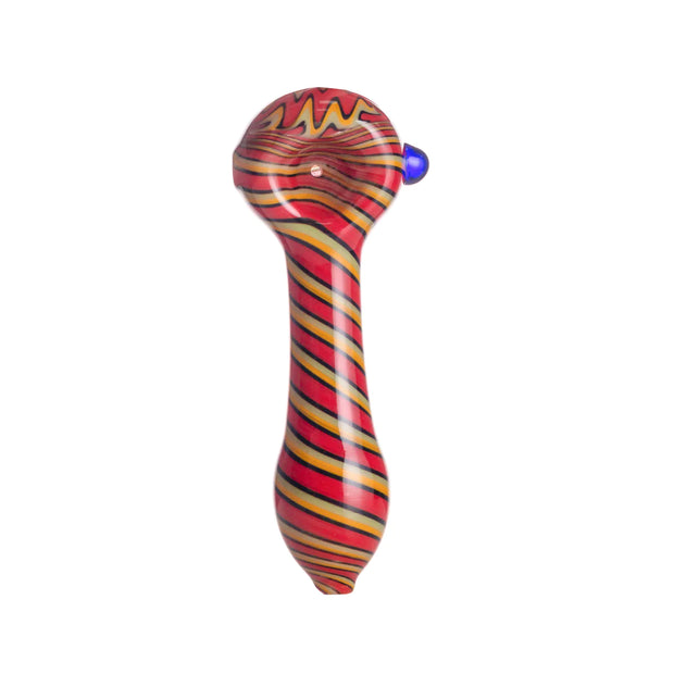 red and yellow striped hand pipe with blue thumb knob