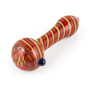 the back side of a red and yellow glass hand pipe